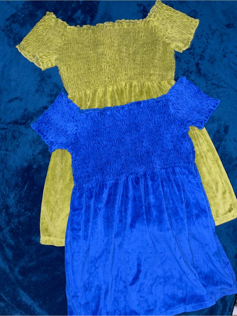 Bundle of 2 - Smocked Velvet Off-Shoulder Blouses in Royal Blue and Olive Green